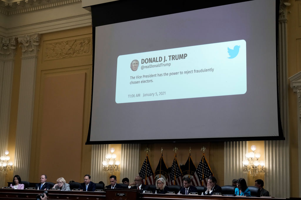 A tweet from former President Donald Trump is displayed during the third hearing of the House Select Committee to Investigate the January 6th Attack on the U.S. Capitol in the Cannon House Office Building on June 16, 2022 in Washington, DC. ((Photo by Drew Angerer/Getty Images))