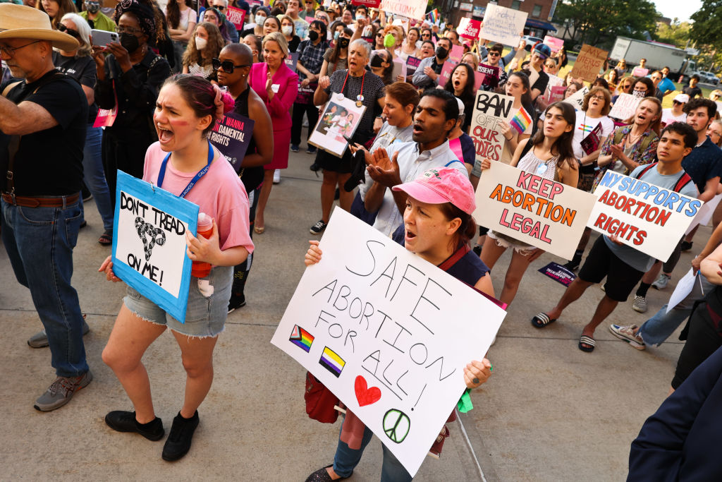 Attendees react to a speaker at an abortion rights rally in front of the Nassau County courthouse in Mineola, New York, on June 24, 2022. (Steve Pfost—Newsday RM/Getty Images)