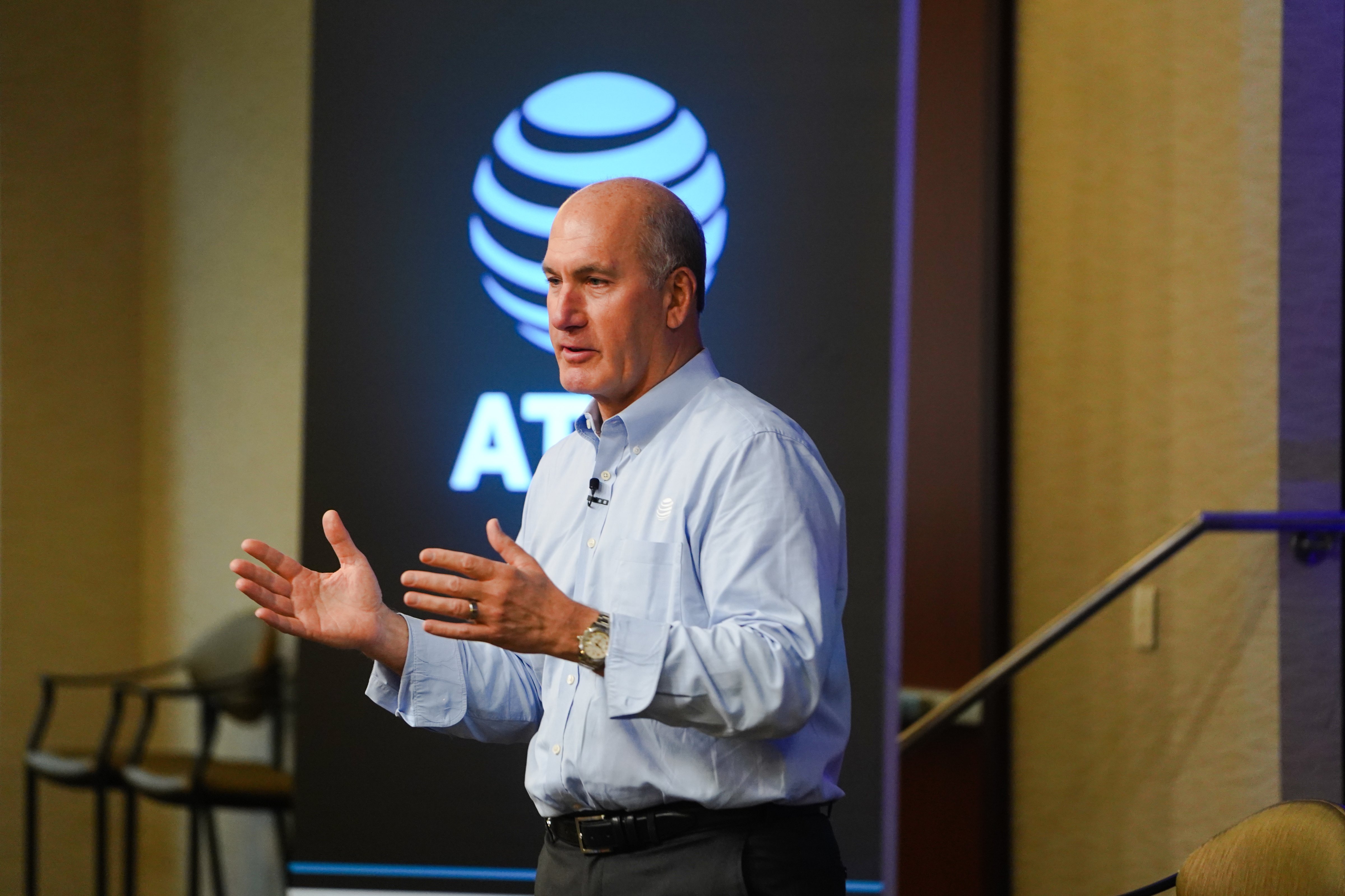 John Stankey, CEO of AT&amp;T, speaks with employees in Atlanta in June 2022. (Courtesy of AT&amp;T)