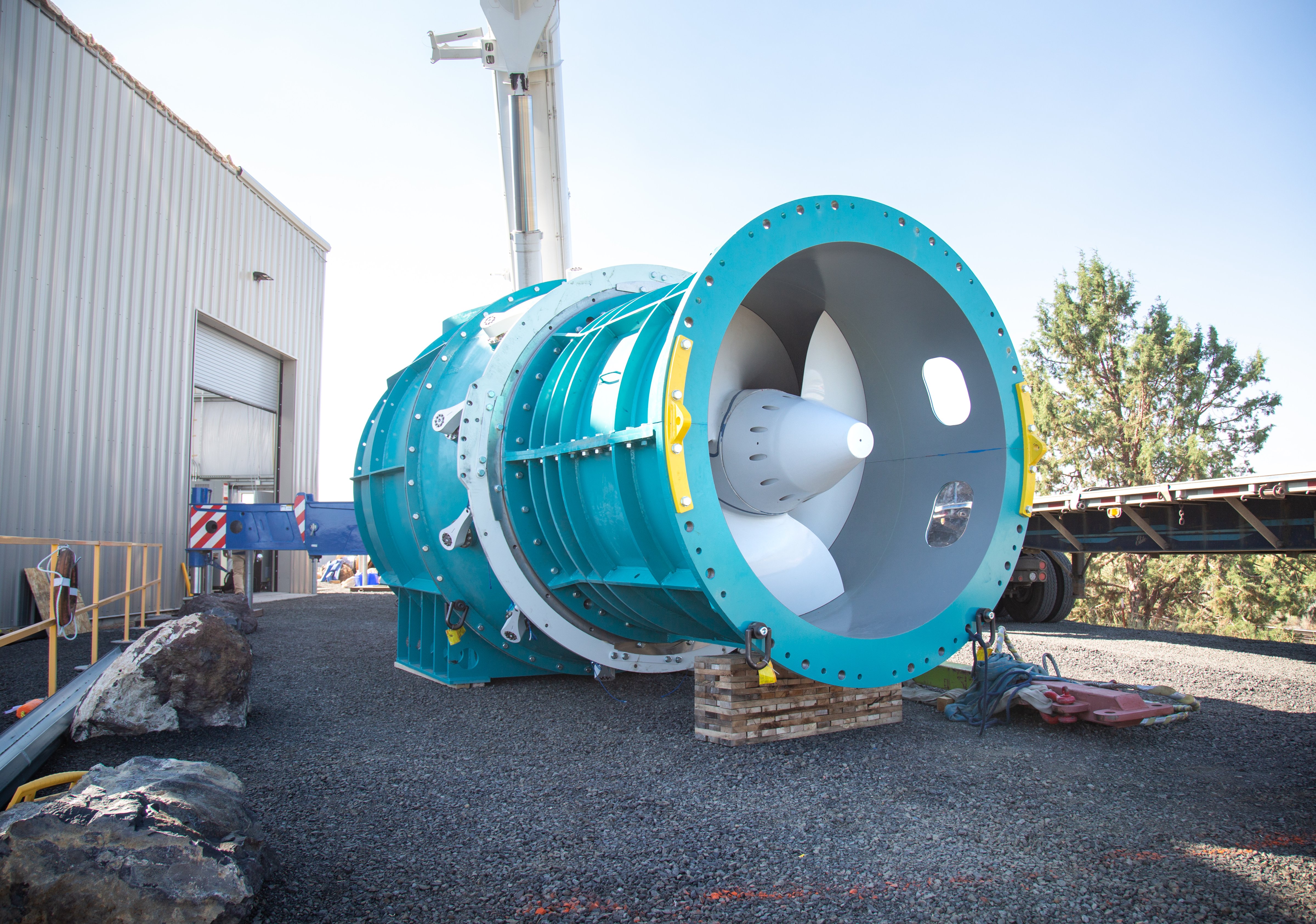 Natel's Restoration Hydro Turbine (RHT) features uniquely thick blades that allow fish to pass safely through the turbine to continue downstream migration. Monroe Hydro Plant, Madras, Oregon, in 2020. (Courtesy of Natel Energy)