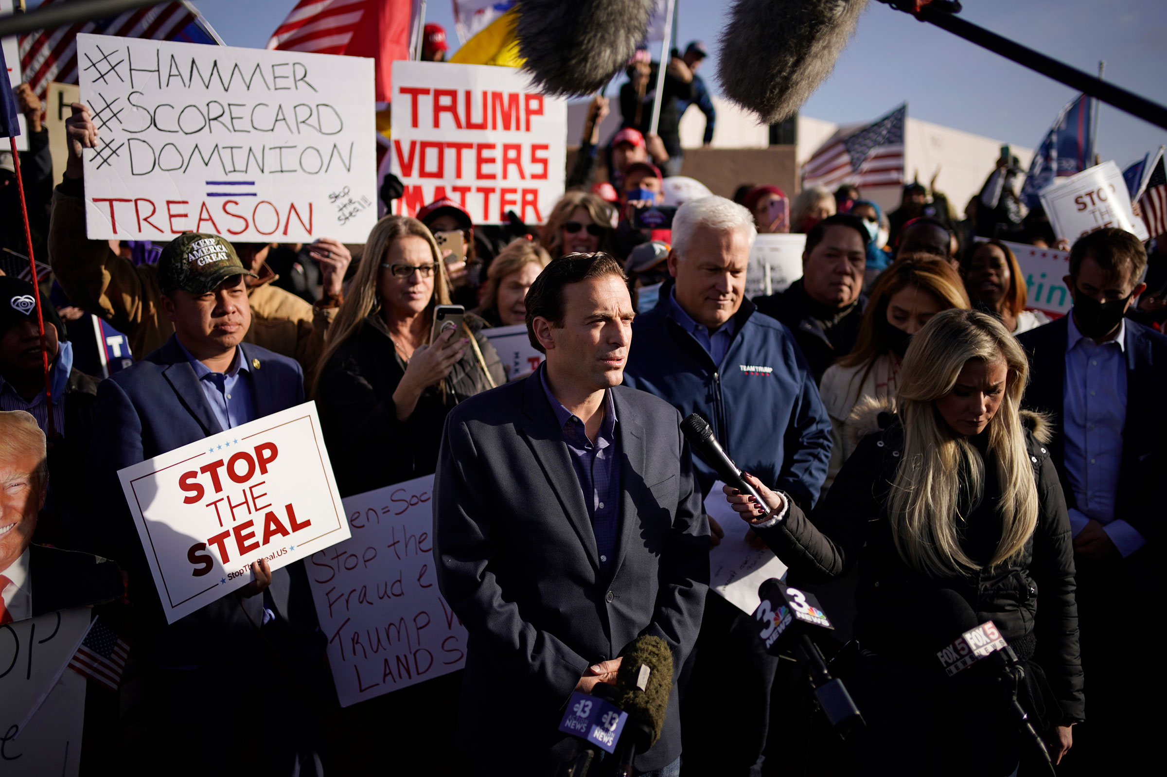 Then Nevada Attorney General Adam Laxalt speaks during a news conference outside of the Clark County Election Department in North Las Vegas on Nov. 8, 2020. (John Locher—AP)