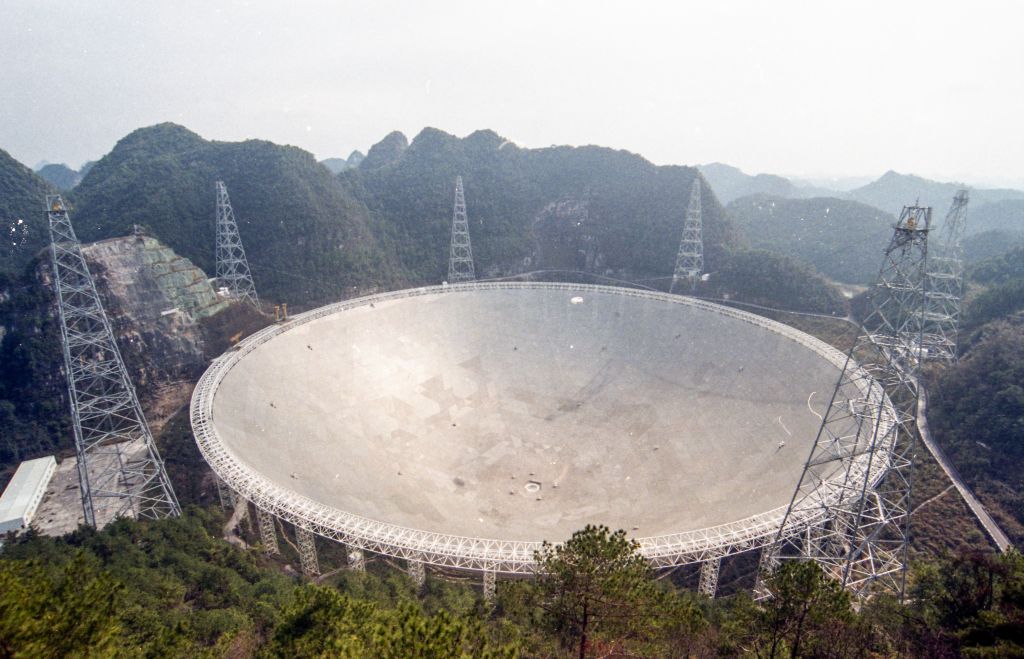 The 500-meter aperture spherical radio telescope (FAST), also known as China's "Sky Eye," in Qiannan Buyei and Miao Autonomous Prefecture, Guizhou province, pictured in February 2021 (Qu Honglun–China News Service/Getty Images)
