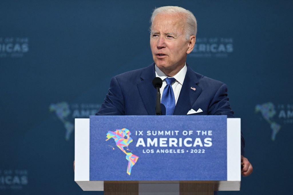 U.S. President Joe Biden addresses a plenary session of the 9th Summit of the Americas in Los Angeles, California, June 9, 2022. (Photo by Jim Watson/AFP via Getty Images)