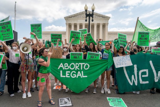 Abortion-rights protesters gather outside the Supreme court in Washington, D.C., following the court's decision to overturn Roe v. Wade, on June 24, 2022.