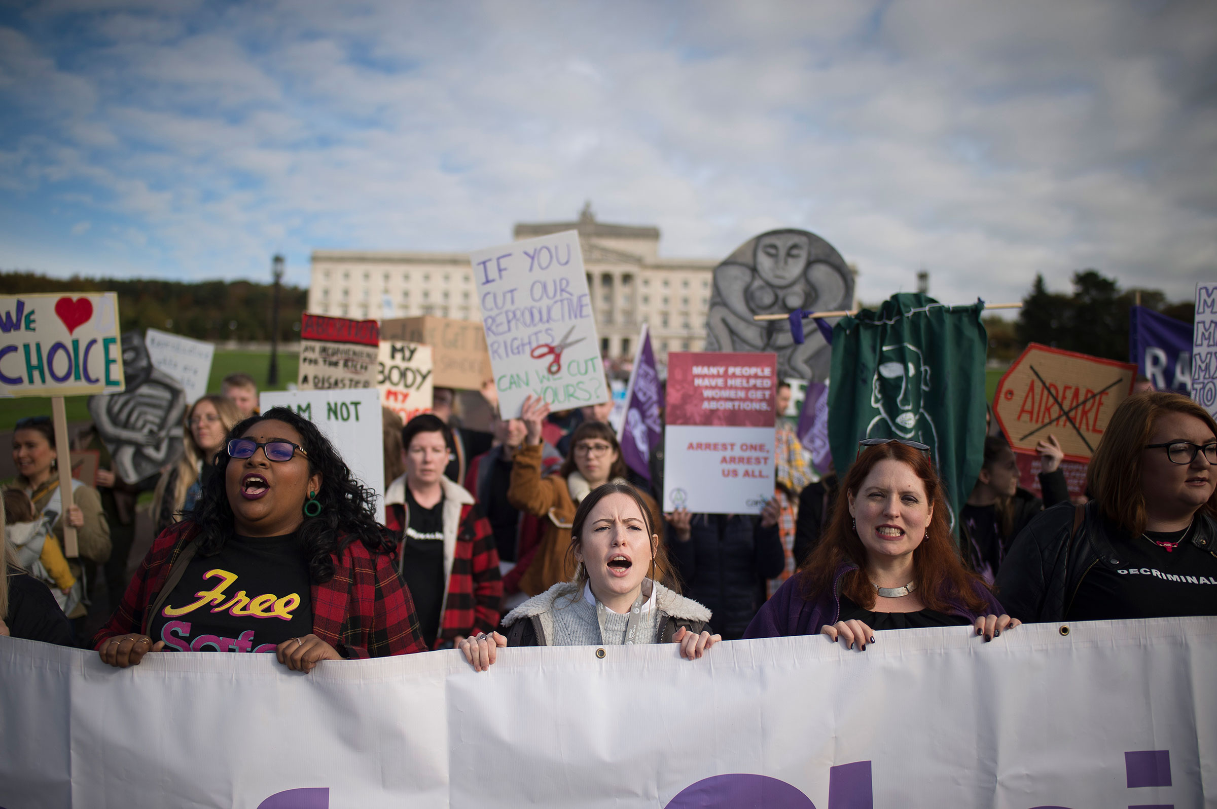 Members of abortion rights group Alliance for Choice make their way to Stormont in Belfast, Northern Ireland on Oct. 21, 2019. (Charles McQuillan—Getty Images)