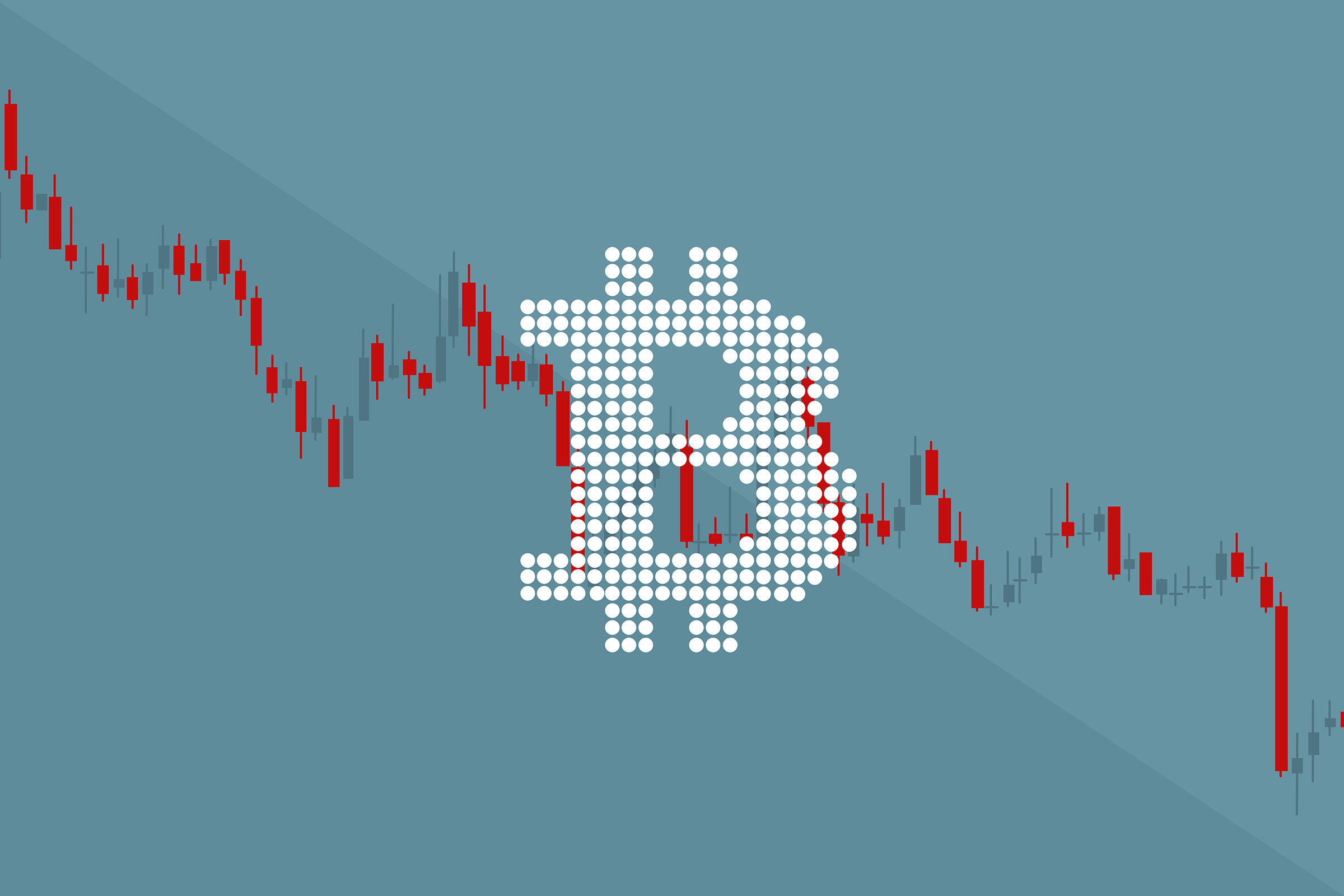 Cryptocurrency illustration concept shows the symbol of Bitcoin and falling down trading graph with copy space for creating the trading cryptocurrency background.