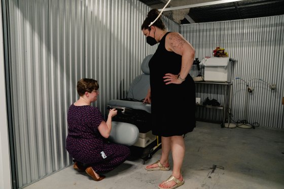 Certified Nurse-Midwife Morgan Nuzzo and OB/GYN Diane Horvath, co-founders of Partners in Abortion Care, store furniture and equipment they purchase at a storage unit for starting their abortion clinic in College Park, MD, Tuesday, May 31, 2022. (Photo/Shuran Huang)