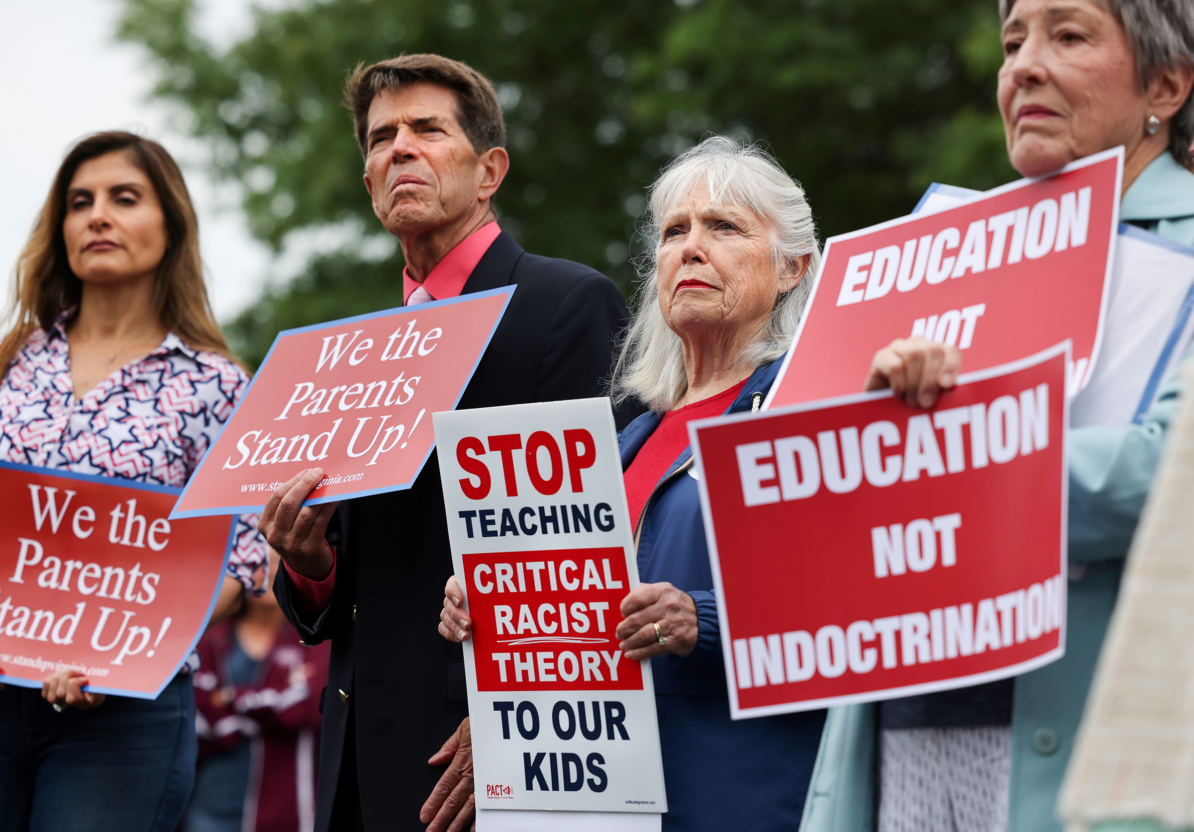 Opponents of critical race theory protest outside of the Loudoun County School Board headquarters, in Ashburn, Virginia, June 22, 2021. (Evelyn Hockstein–Reuters)