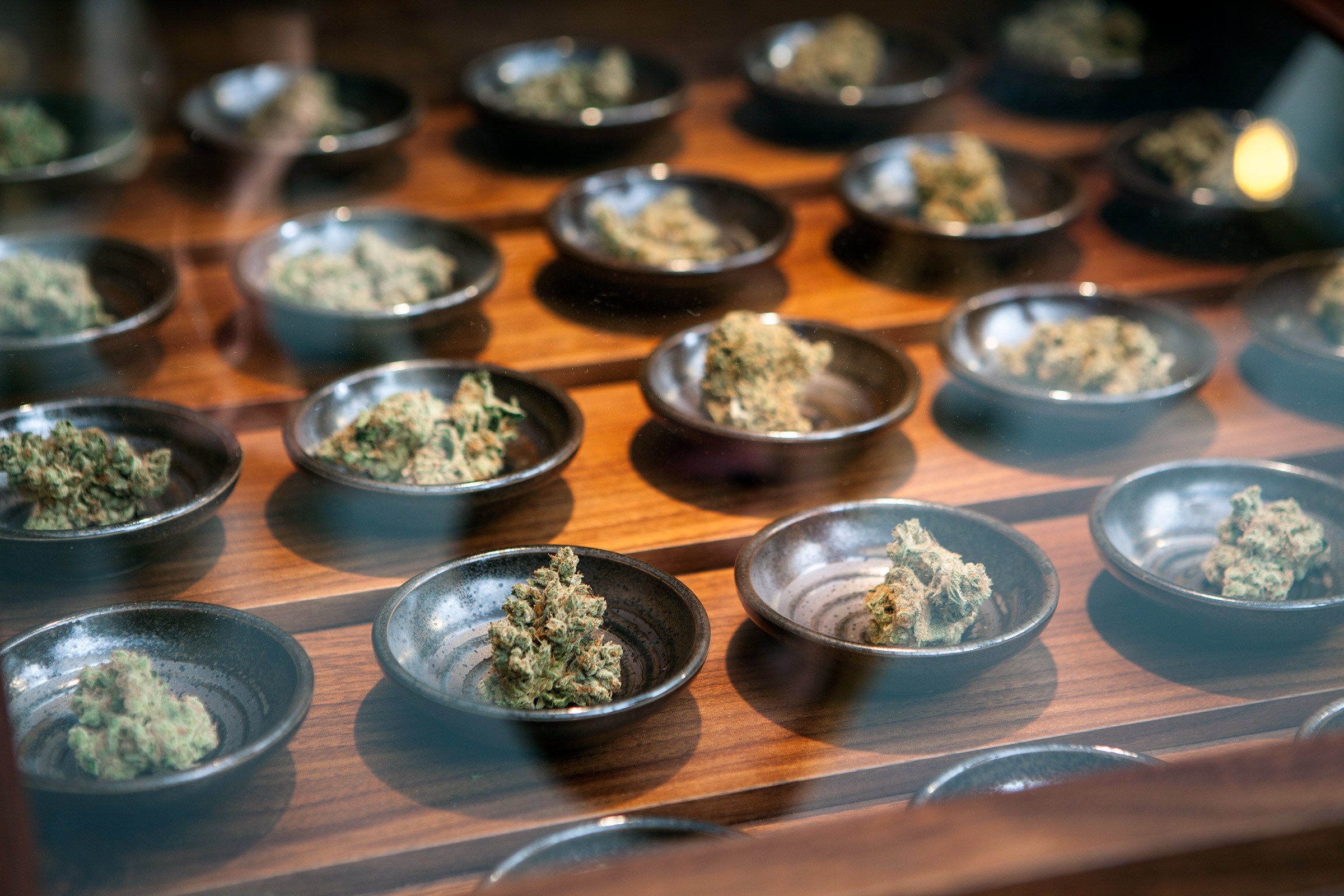 Product on display at a small business, a local marijuana dispensary, in Portland, Oregon.