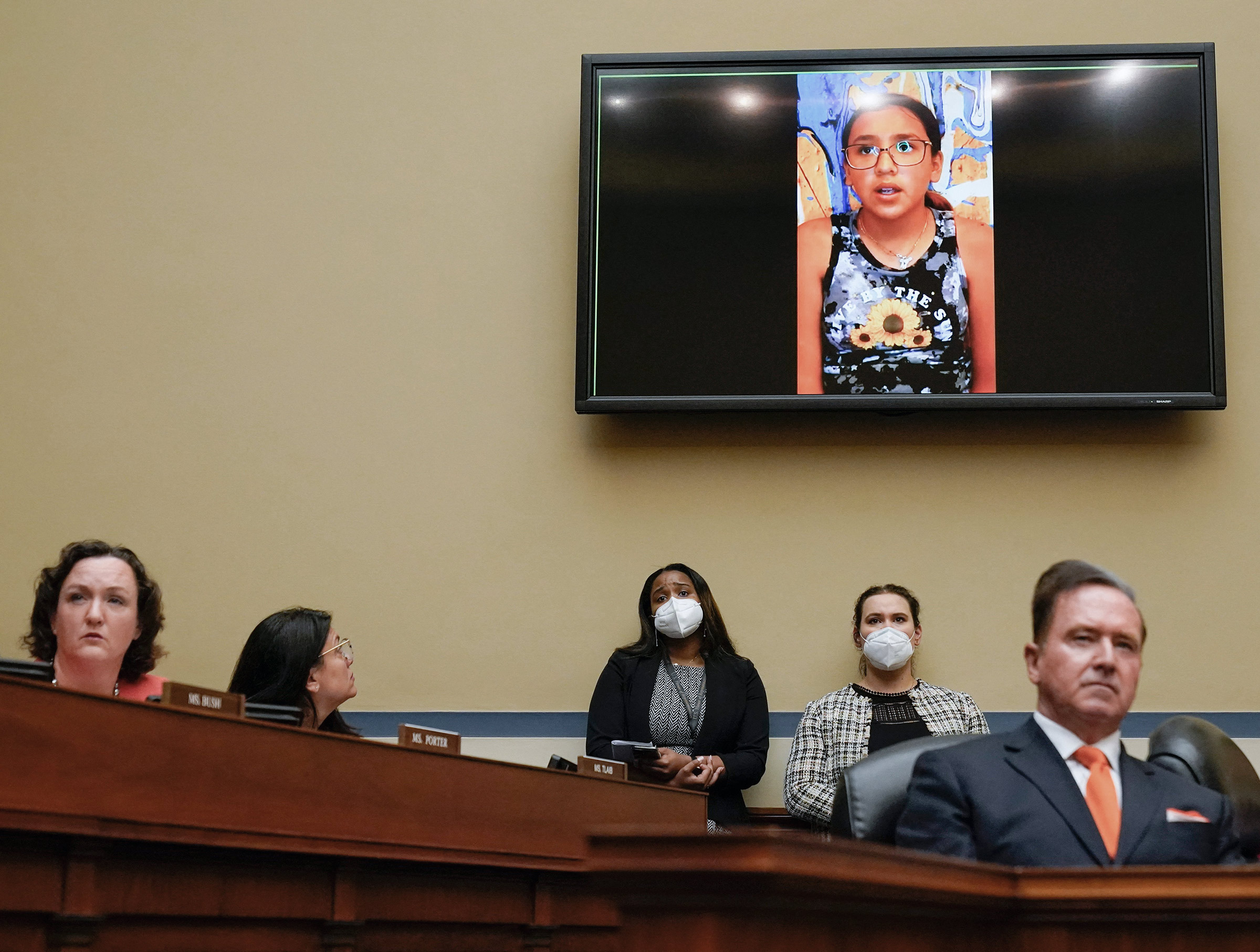 Miah Cerrillo, a fourth grade student at Robb Elementary School in Uvalde, Texas, and survivor of the mass shooting appears on a screen during a House Committee