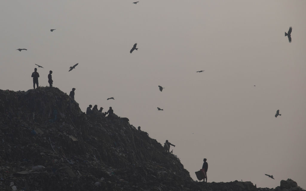Ragpickers search for recyclable waste at a Delhi landfill site. (Vijay Pandey—Picture Alliance/Getty Images)