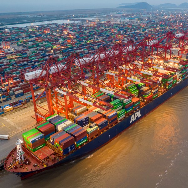 Large container ships in operation at Yangshan Port in Shanghai, which saw record high capacity in January 2022