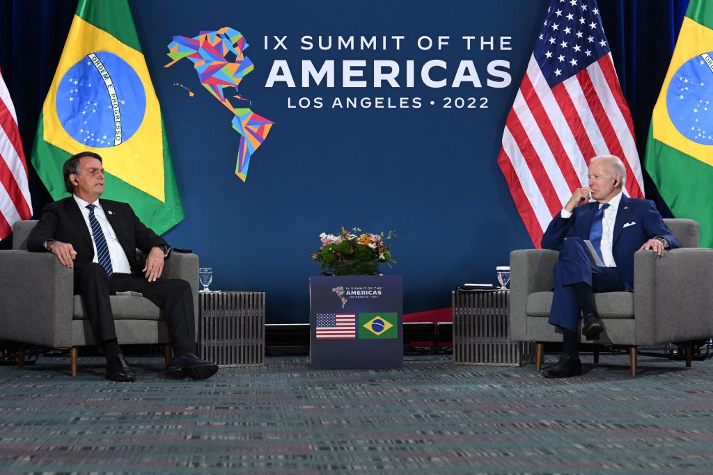 U.S. President Joe Biden (R) and Brazilian President Jair Bolsonaro attend a bilateral meeting at the 9th Summit of the Americas in Los Angeles, California, June 9 2022. (Jim Watson—AFP/Getty Images)