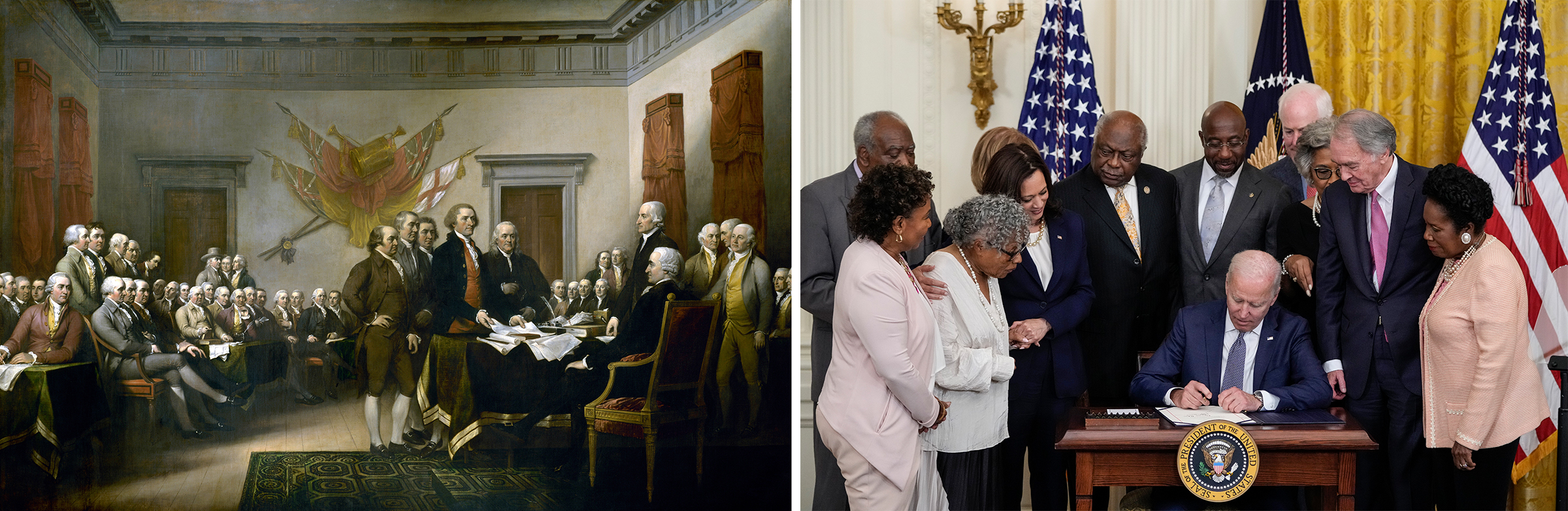Left: John Trumbull's painting, "Declaration of Independence," depicting the five-man drafting committee of the Declaration of Independence presenting their work to the Congress. Right: U.S. President Joe Biden signs the Juneteenth National Independence Day Act into law in the East Room of the White House on June 17, 2021. (Universal History Archive/Getty Images; Drew Angerer—Getty Images)