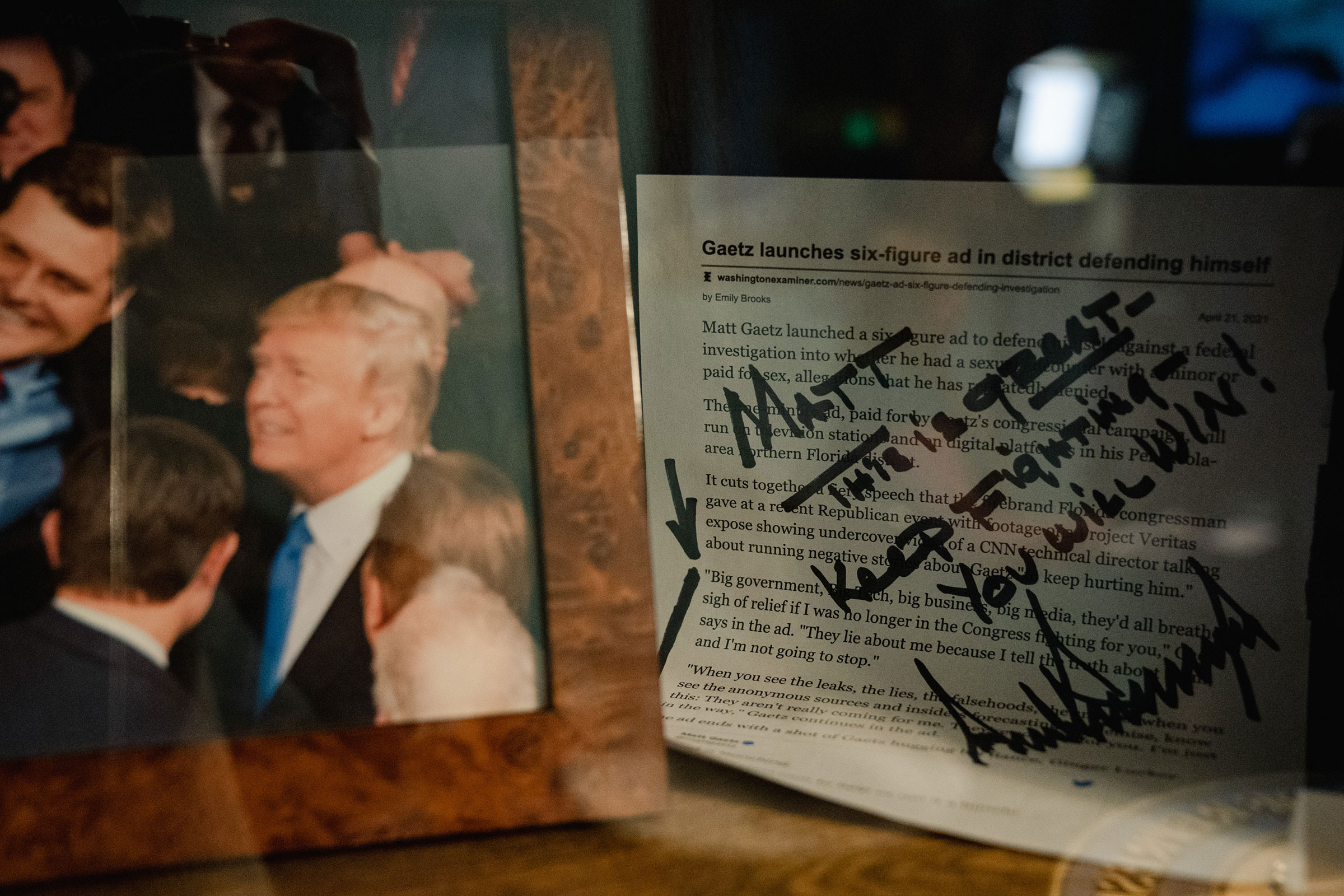 A note from Trump is prominently displayed in Gaetz's congressional office (Shuran Huang for TIME)