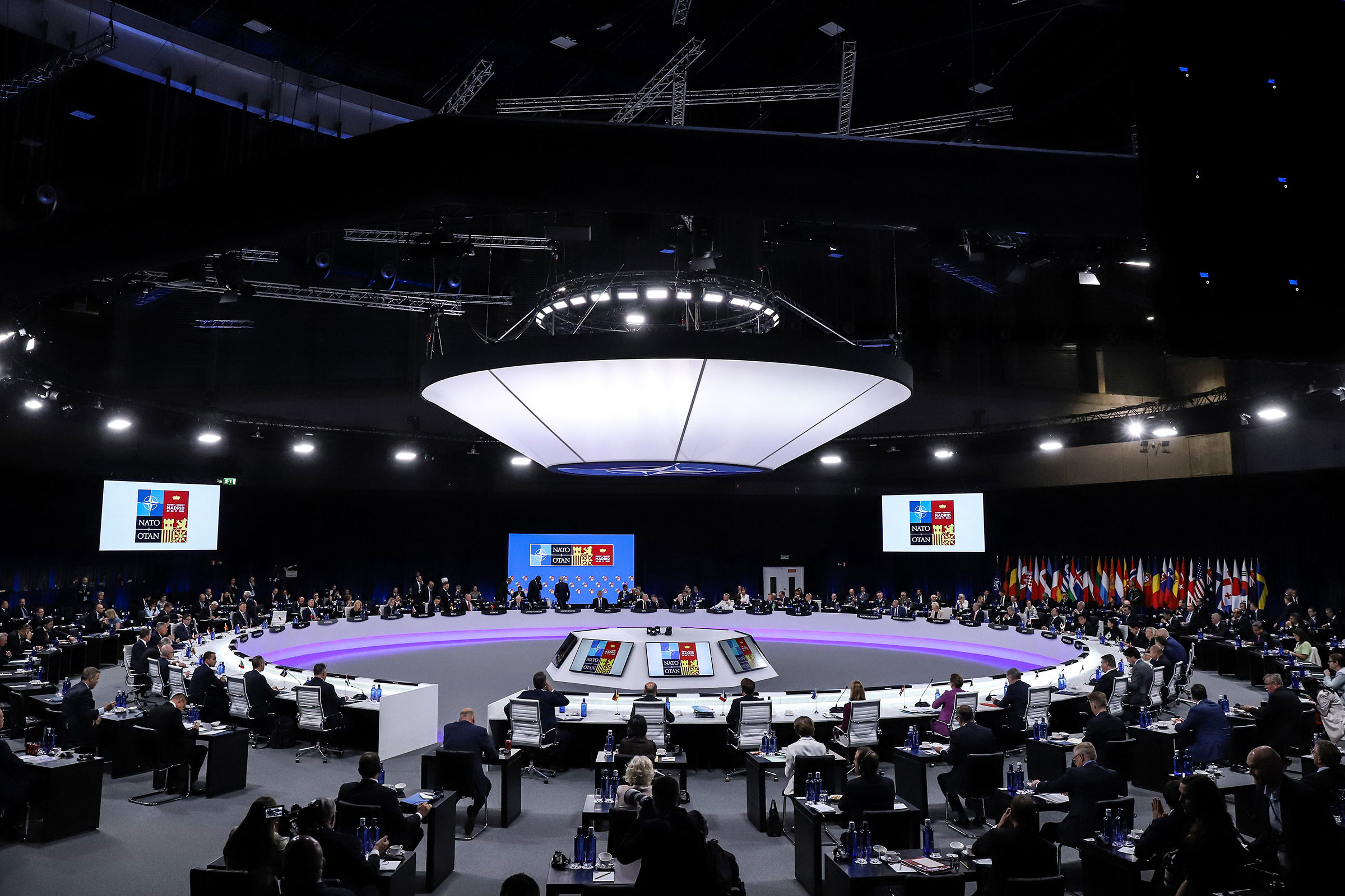 North Atlantic Treaty Organisation (NATO) leaders at a meeting room on day two of the NATO summit at the Ifema Congress Center in Madrid, Spain, on Wednesday, June 29, 2022. (Valeria Mongelli—Bloomberg/Getty Images)