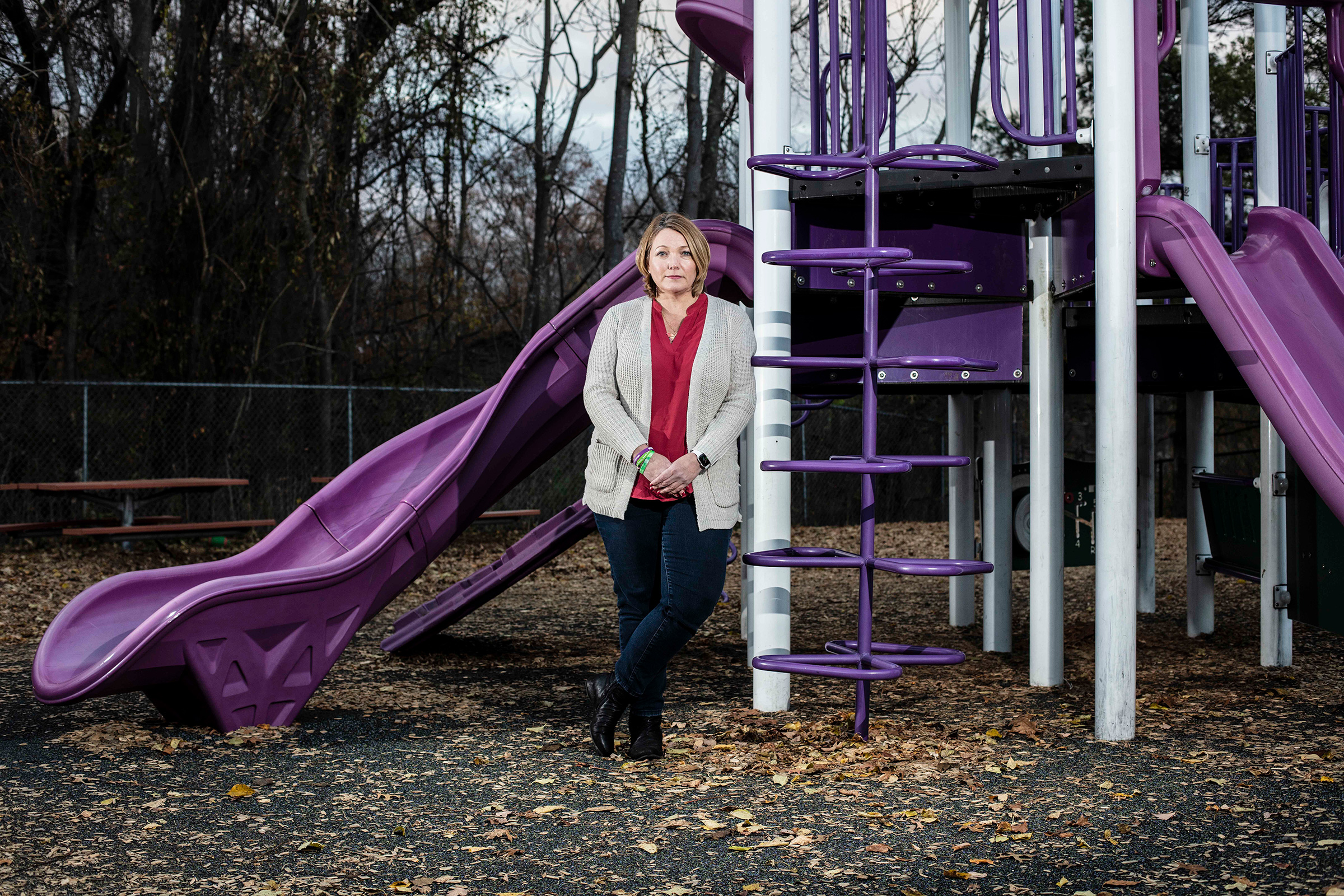 Nicole Hockley poses for a portrait at a playground built in memory of her son Dylan Hockley who was killed during the Sandy Hook Elementary shooting in Westport, Conn. (Bryan Anselm—Redux)