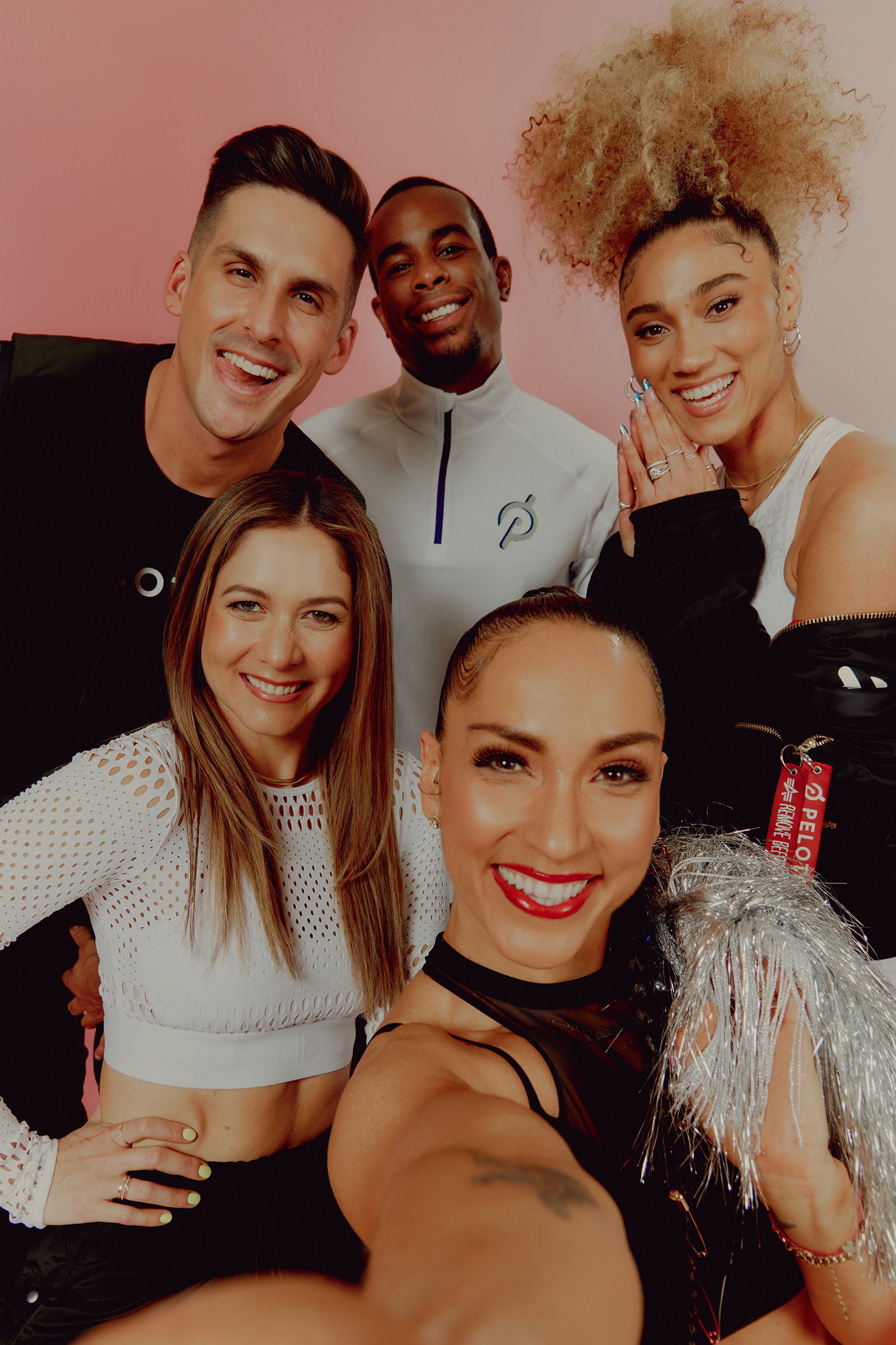 Clockwise from top left: Peloton instructors Cody Rigsby, Alex Toussaint, Ally Love, Robin Arzón, and Emma Lovewell in May in New York City (Victor Llorente for TIME)