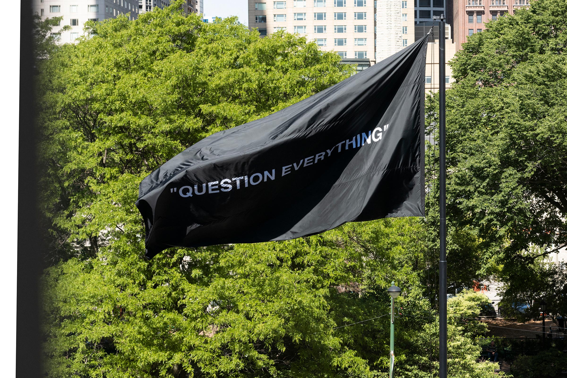 A flag titled “PSA” flies in front of the Museum of Contemporary Art in Chicago as part of the 2019 exhibit. (Courtesy of Gymnastics Art Institute &amp; Virgil Abloh Securities/)