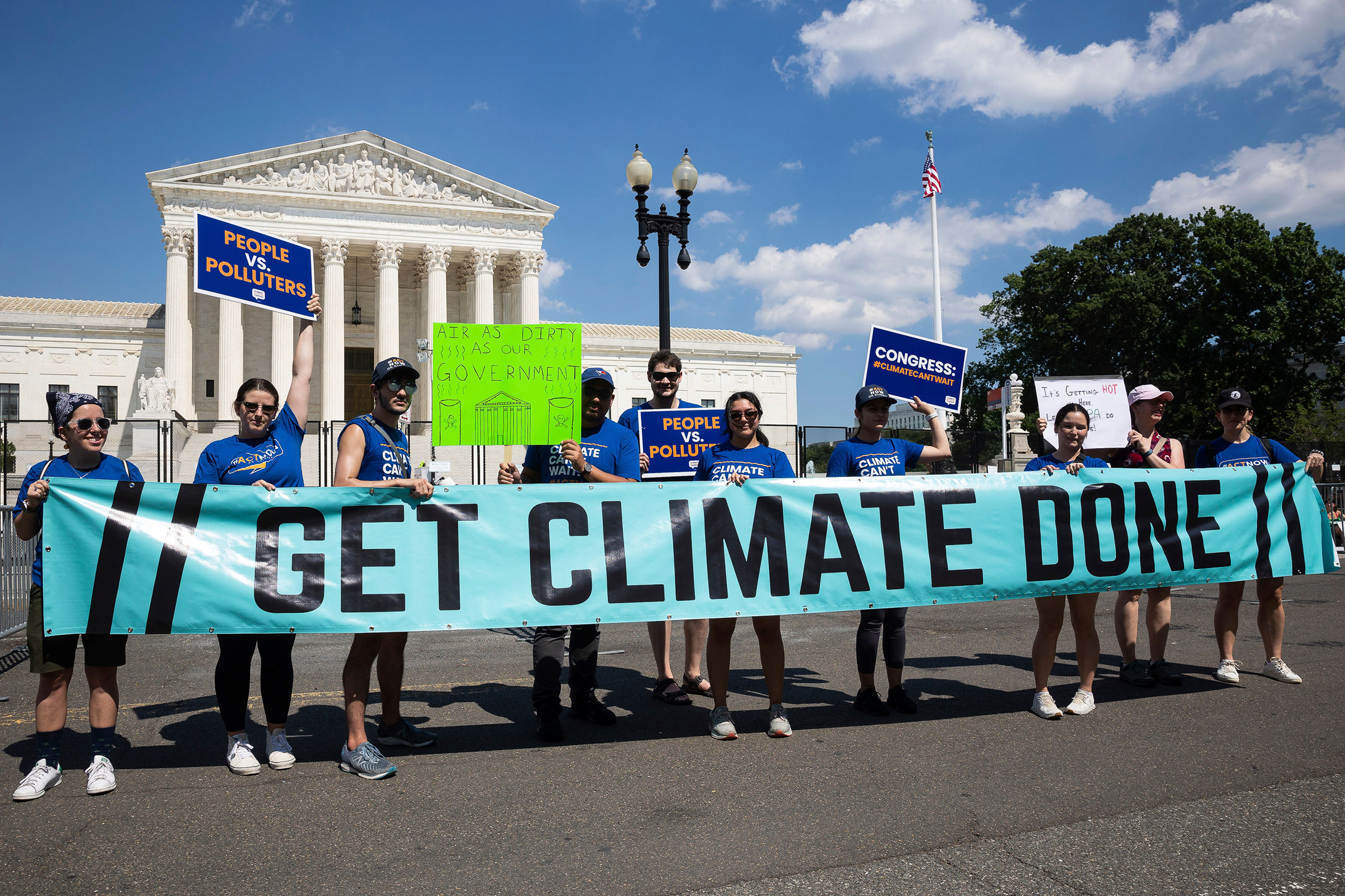 Activists with the Climate Action Campaign, protest outside the Supreme Court after the court announced its decision in West Virginia v. EPA on June 30, 2022. (Francis Chung—Politico/AP)