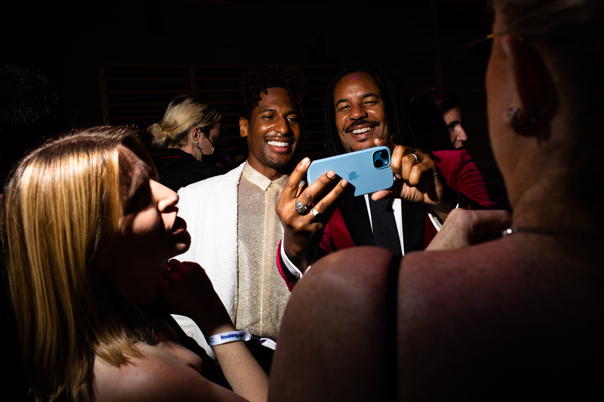Jon Batiste and Colson Whitehead take a selfie at the TIME 100 Gala at Jazz at Lincoln Center in New York City, on June 8, 2022. (Landon Nordeman for TIME)