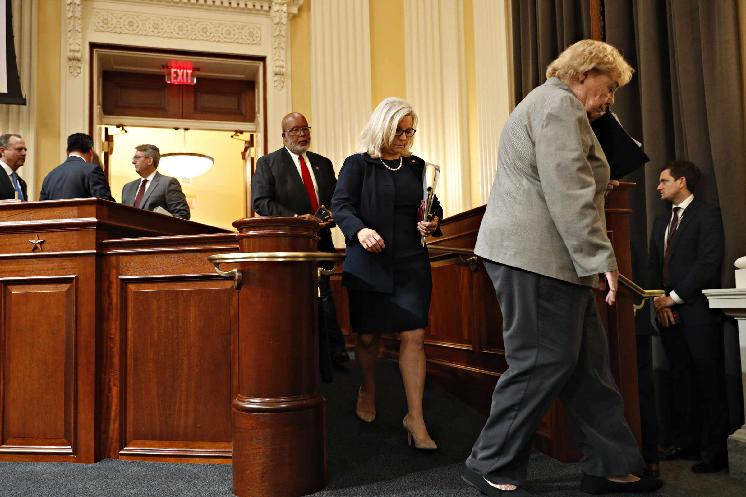 Representative Zoe Lofgren, a Democrat from California, from right, Representative Liz Cheney, a Republican from Wyoming, and chairman Representative Bernie Thompson, a Democrat from Mississippi, exit following a hearing of the Select Committee to Investigate the January 6th Attack on the US Capitol in Washington, D.C., US, on Thursday, June 16, 2022. (Tom Brenner—Bloomberg/Getty Images)