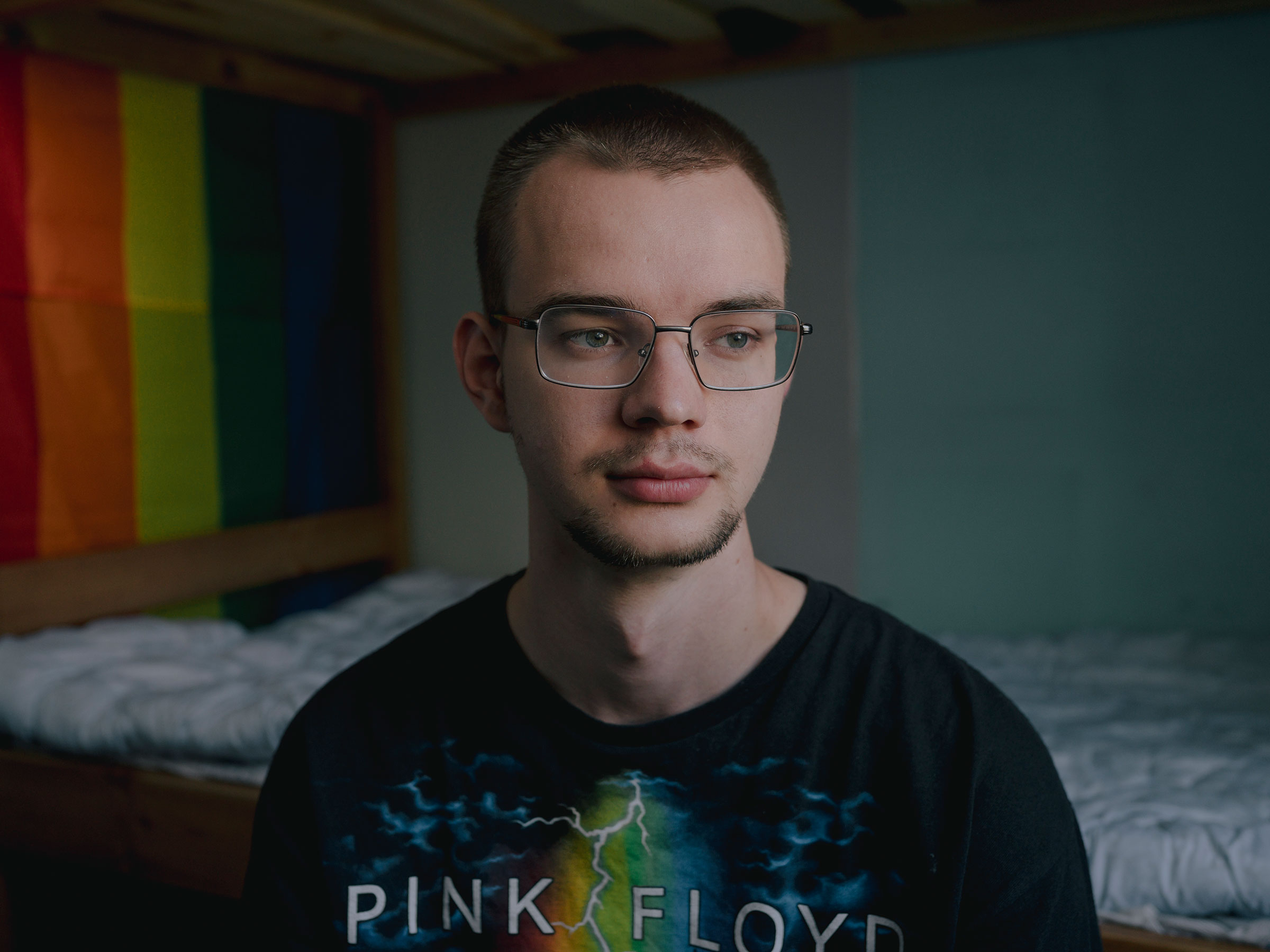 Sasha lived in the village of Dymer, north of Kyiv, with his family under Russian occupation during the first weeks of the war. He now lives in a shared apartment in Kyiv. (Fabian Ritter—DOCKS Collective)