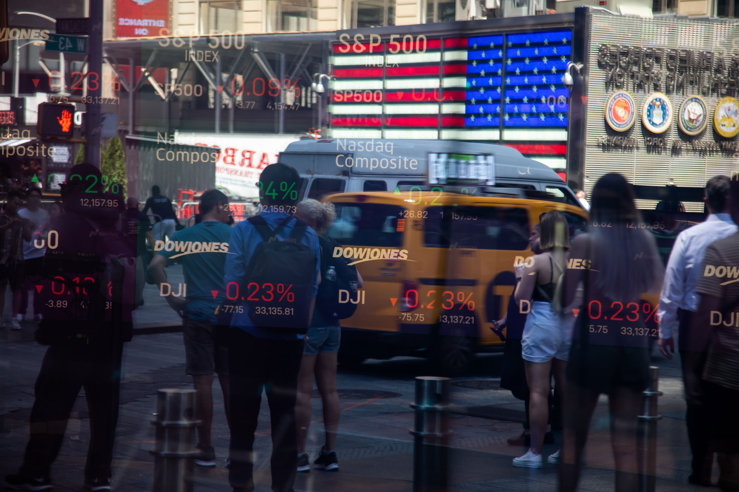 Stock information in a window of the Nasdaq MarketSite in New York,  on May 31, 2022. (Michael Nagle—Bloomberg/Getty Images)