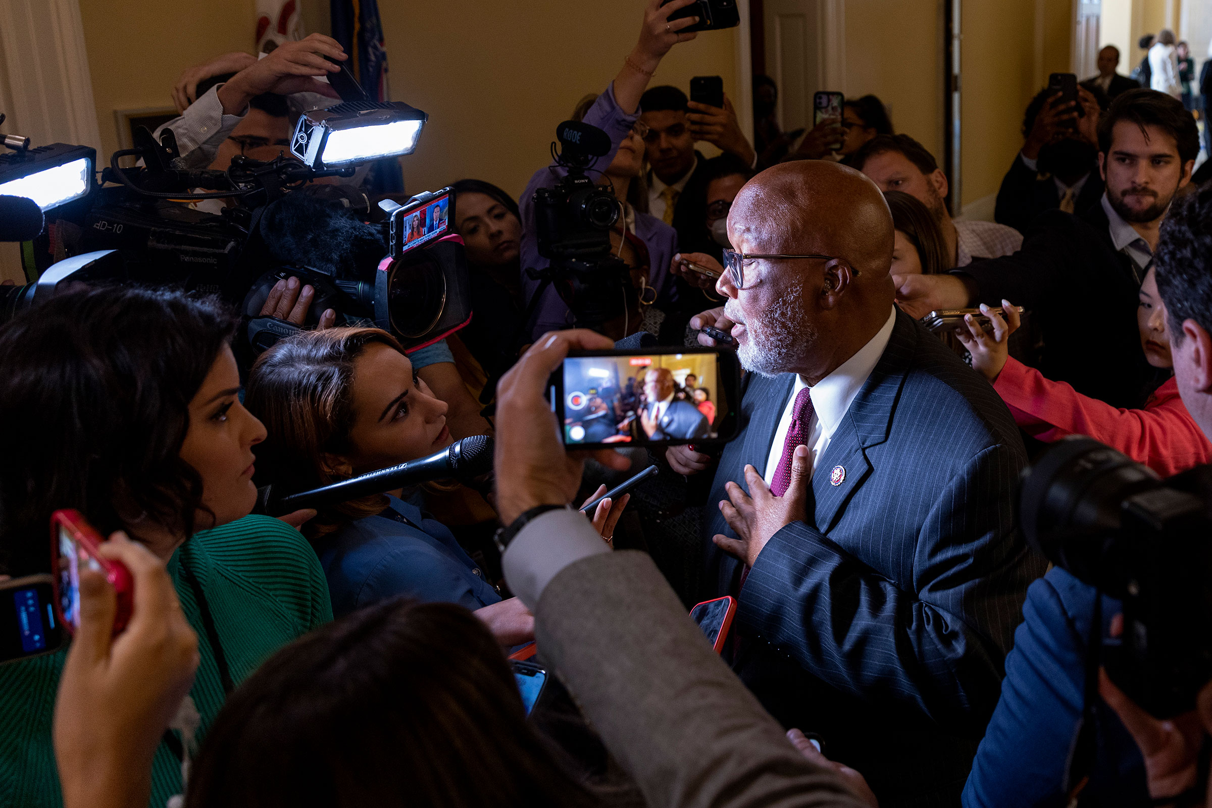 Rep. Bennie Thompson takes questions from the media after the committee's seventh hearing on July 12, 2022. (Tasos Katopodis—Getty Images)