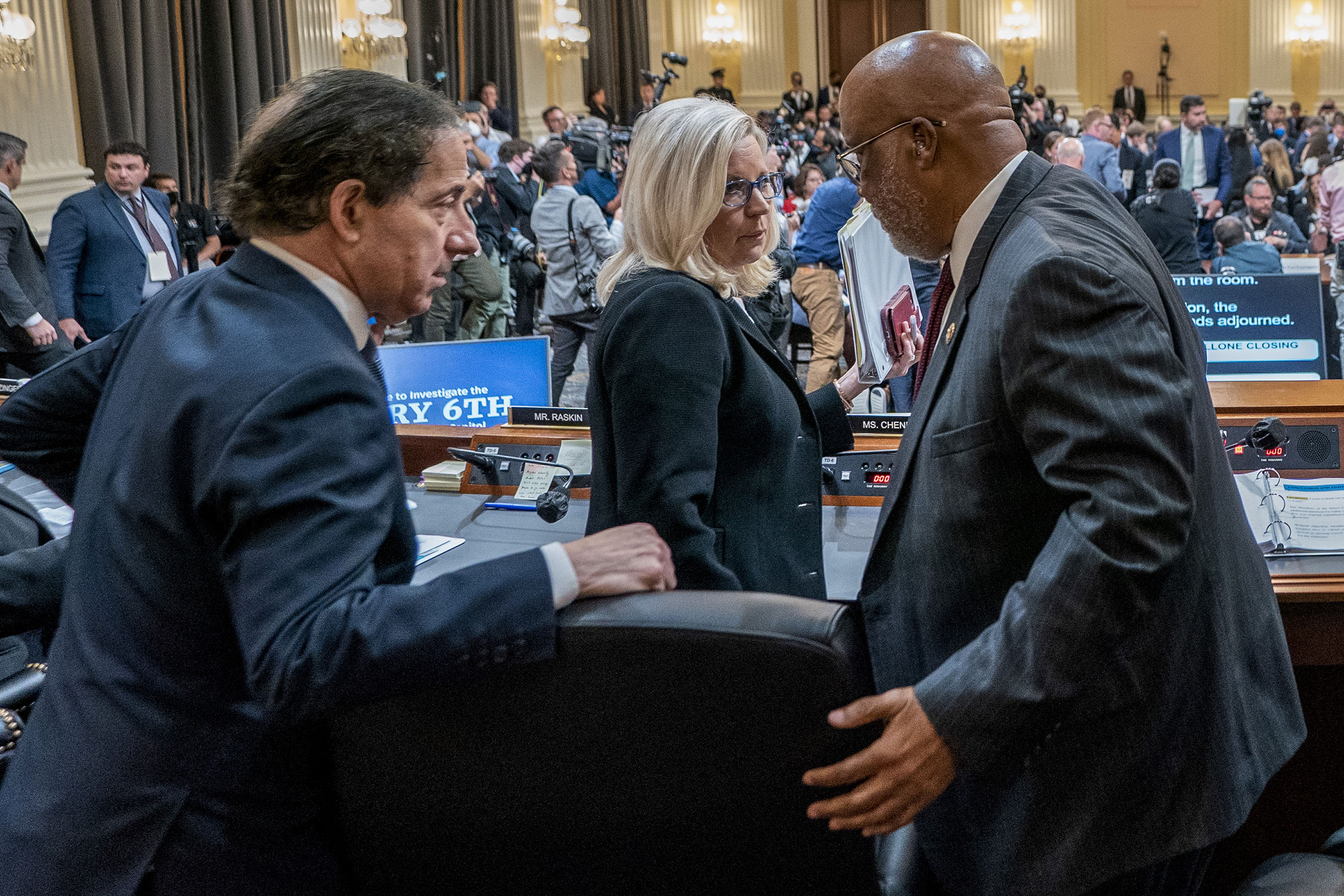 Rep. Bennie Thompson, left, Rep. Liz Cheney, center, and Rep Jamie Raskin exit following a hearing on July 12, 2022. (Shawn Thew—EPA/Bloomberg/Getty Images)
