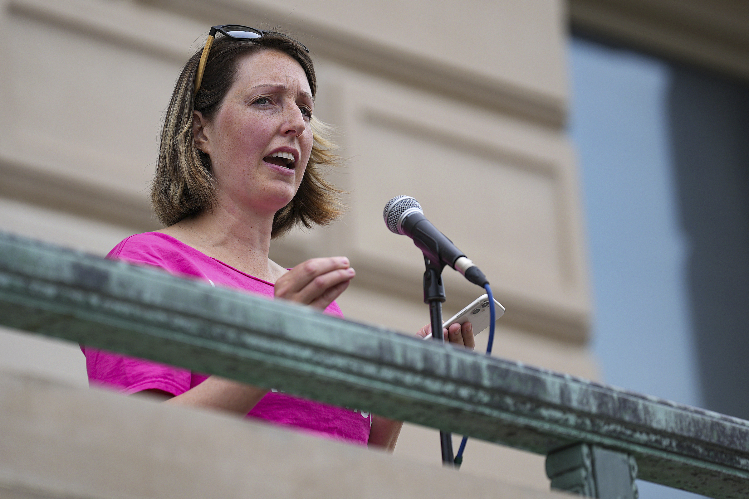 Dr. Caitlin Bernard, a reproductive healthcare provider, speaks during an abortion rights rally on Saturday, June 25, 2022, at the Indiana Statehouse in Indianapolis. (Jenna Watson–The Indianapolis Star/AP)