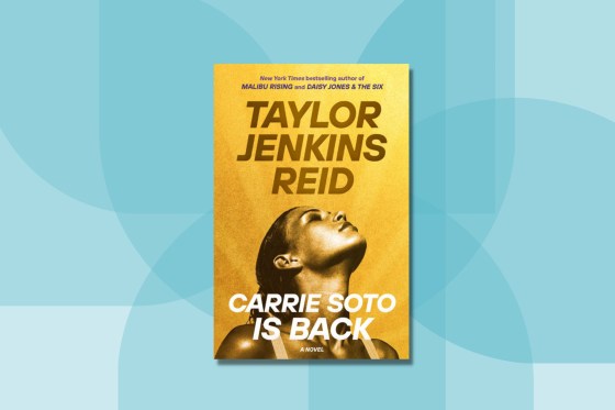 The cover of Carrie Soto Is Backâ€”a gold background with the overlaid image of a woman with her head tilted back