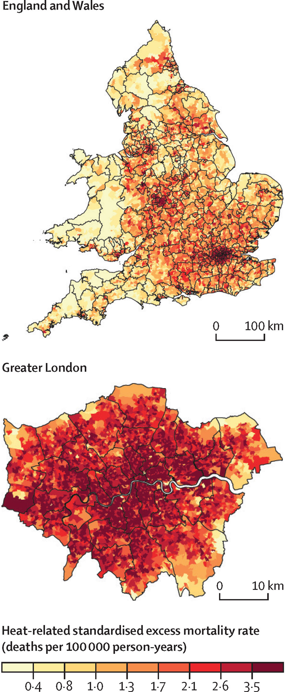 Highly localized maps of England and Wales (top) and London (bottom) showing which communities are most vulnerable to heat-related fatalities. (Gasparrini et al. / The Lancet Planetary Health)