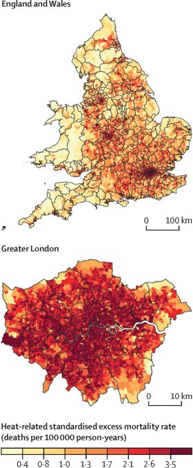 Highly localized maps of England and Wales (top) and London (bottom) showing which communities are most vulnerable to heat-related fatalities. 