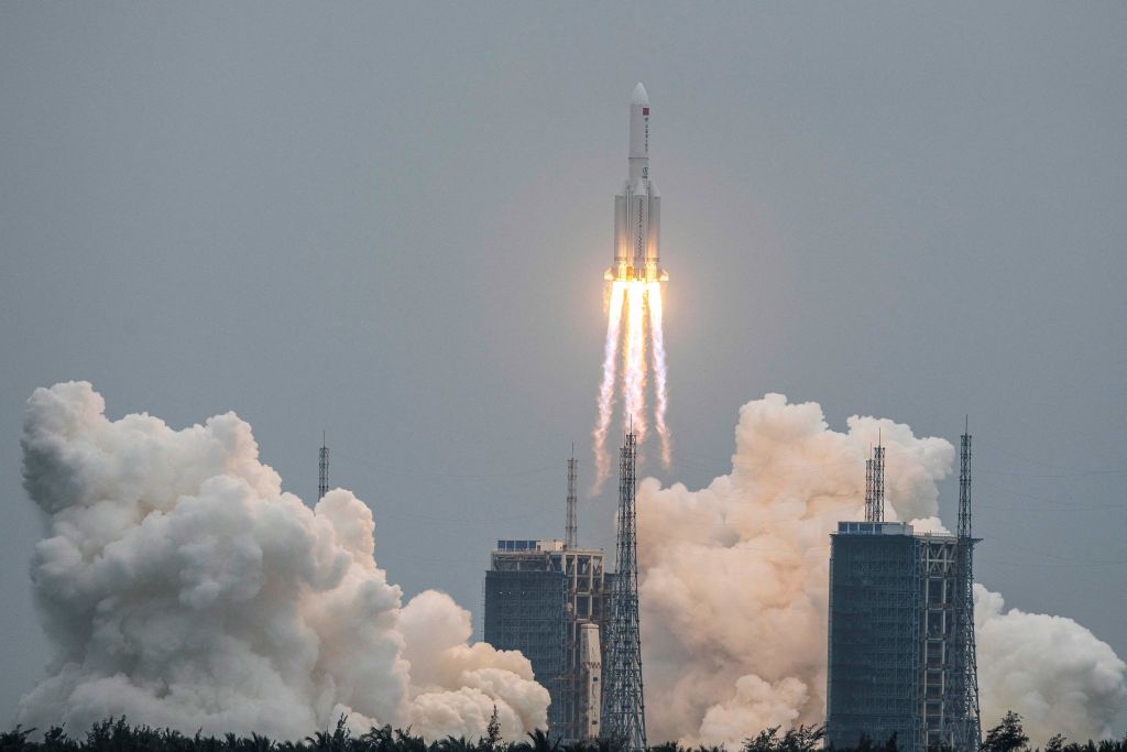A Long March 5B rocket, carrying China's Tianhe space station core module, lifts off from the Wenchang Space Launch Center in southern China's Hainan province on April 29, 2021. (AFP via Getty Images)