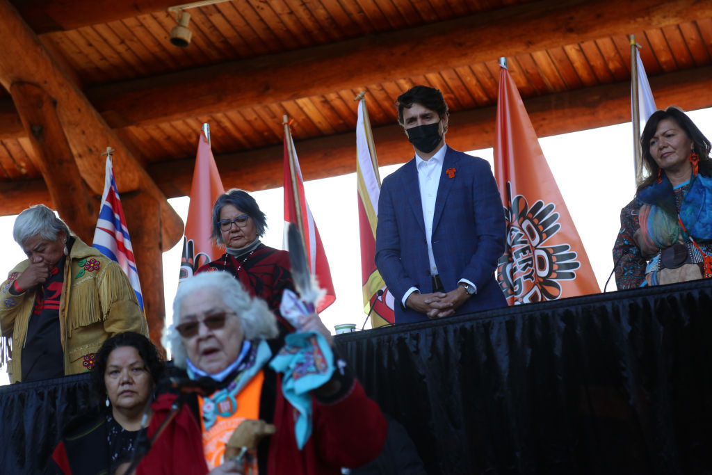 Residential school survivor Charlotte Manual makes a speech during Canadian Prime Minister Justin Trudeau's visit to Tk'emlups, the Secwepemc First Nation, to apologize in Kamloops, British Columbia, Canada on October 18, 2021. (Mert Alper Dervis—Anadolu Agency via Getty Images)