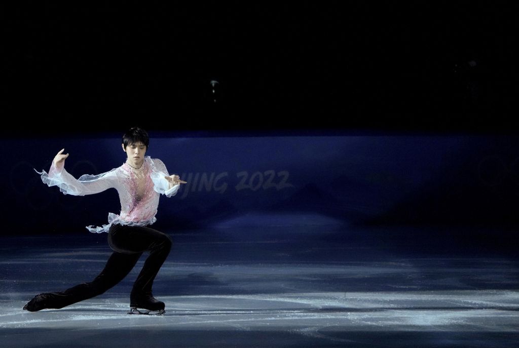 Hanyu Yuzuru of Japan performs during the figure skating gala event of the Beijing 2022 Winter Olympics at the Capital Indoor Stadium in Beijing, capital of China, Feb. 20, 2022. (Chen Jianli/Xinhua via Getty Images)