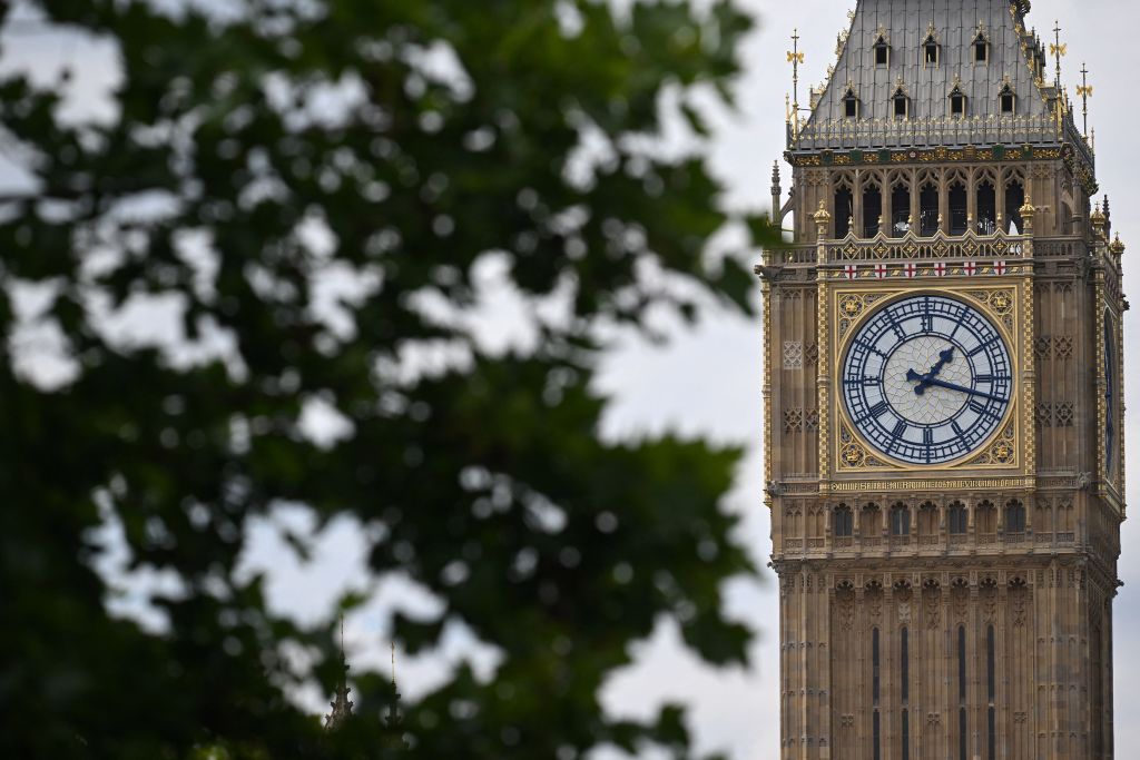 One of the clockfaces on the Elizabeth Tower, more commonly known as Big Ben, is pictured near at the Houses of Parliament in Westminster, central London. (Justin Tallis—AFP via Getty Images)