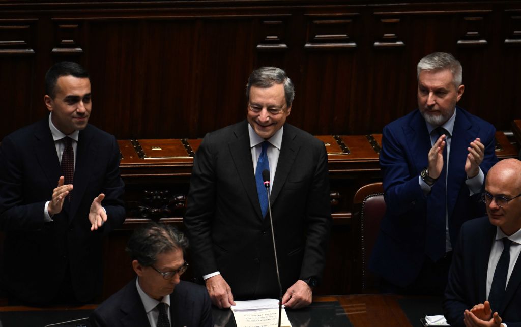 Italian Prime Minister Mario Draghi C addresses the lower house of parliament in Rome, Italy, July 21, 2022. Italian Prime Minister Mario Draghi on Thursday officially resigned, remitting his mandate to the hands of the president, and putting an end to his national unity government after 17 months in office. (Alberto Lingria-Xinhua/Getty Images)