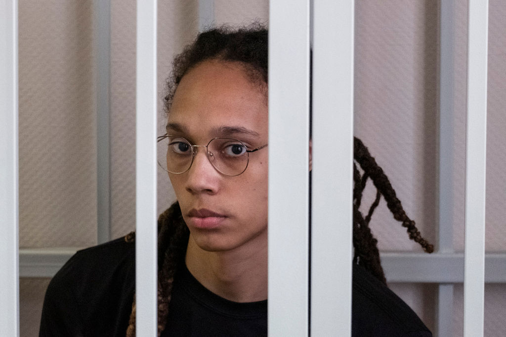 Brittney Griner in a Russian court in Moscow, Russia on July 27, 2022. (The Washington Post via Getty Images)