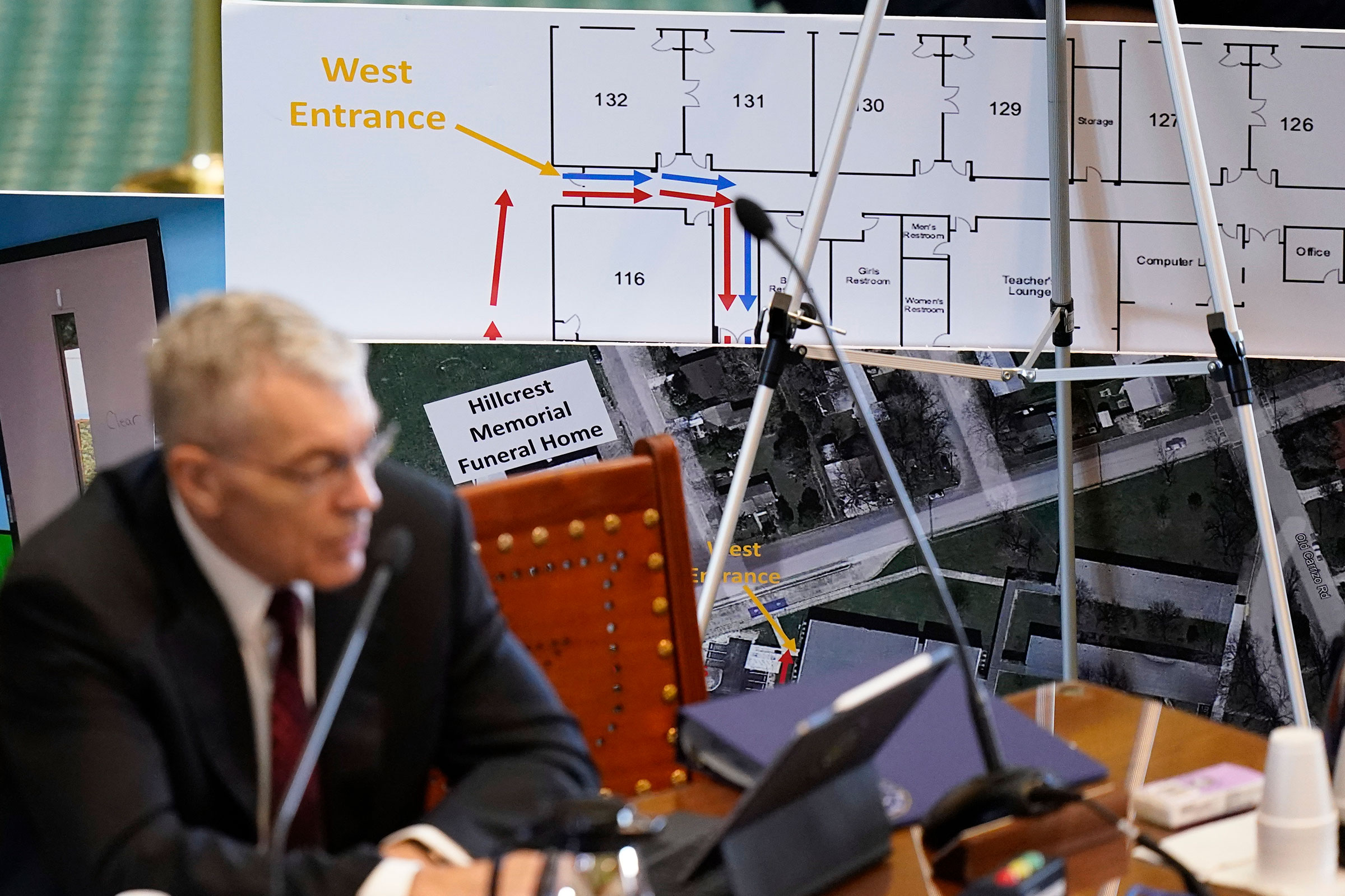 Using a diagram of Robb Elementary School, Texas Department of Public Safety Director Steve McCraw testifies at a Texas Senate hearing at the state capitol in Austin, on June 21. (Eric Gay—AP)
