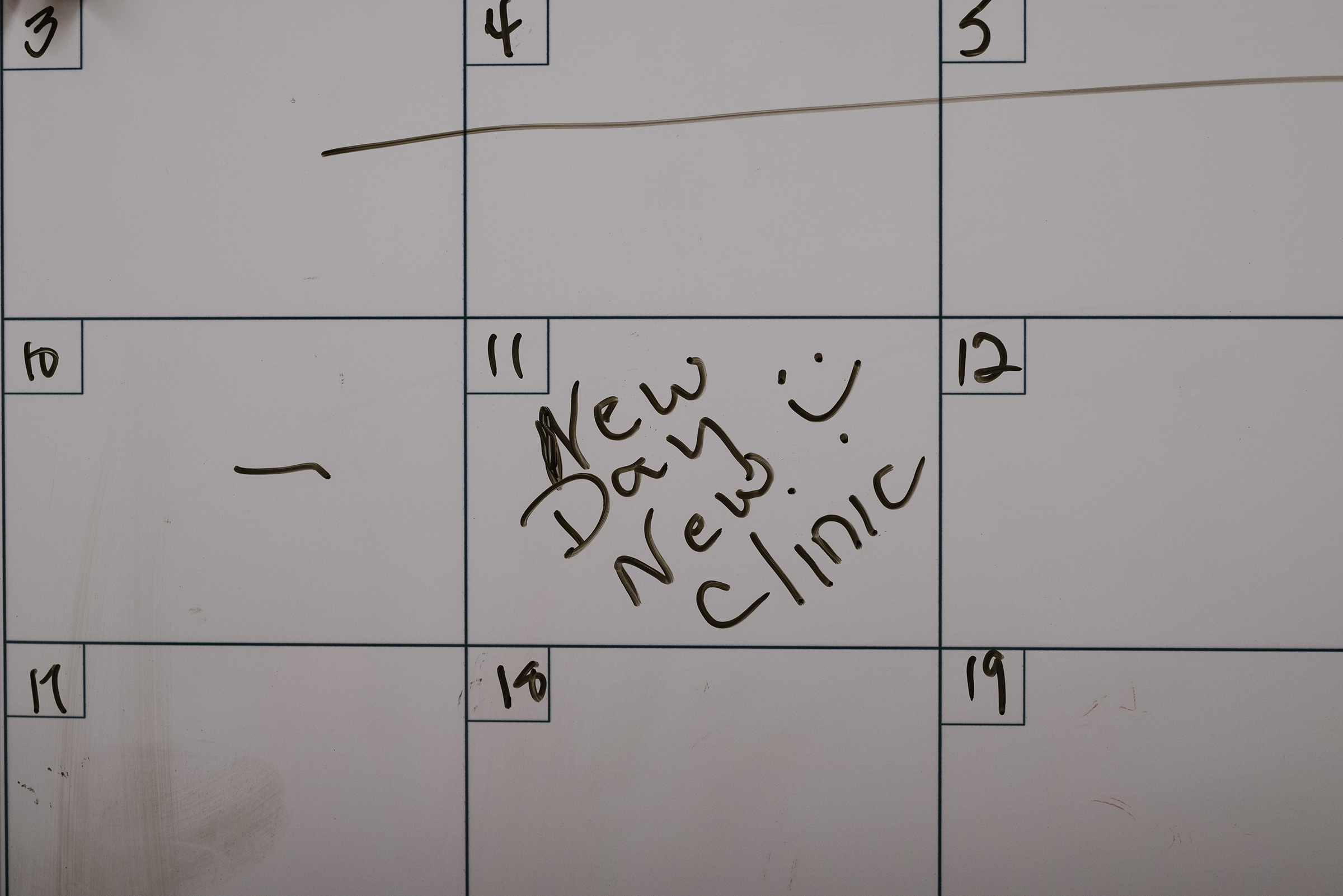 A calendar in the office notes the relaunch of the clinic. (Lucy Garrett for TIME)