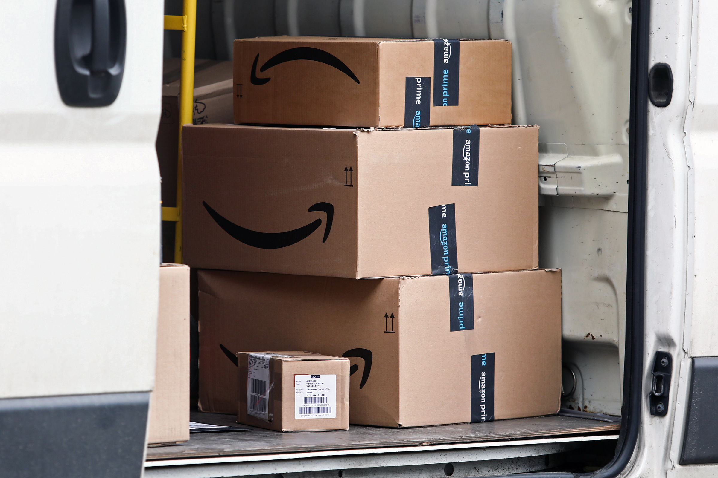 Amazon boxes are seen inside a delivery truck on April 20, 2022. (Jakub Porzycki—NurPhoto/Getty Images)