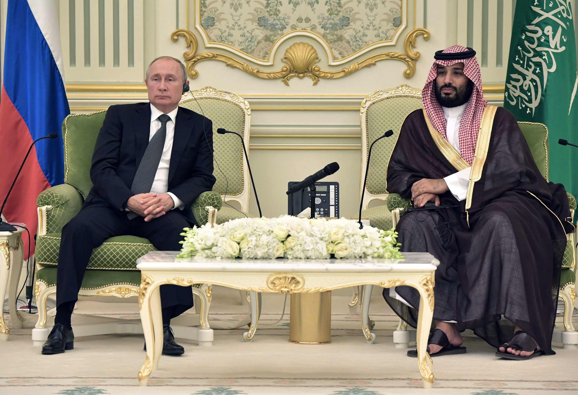 Russian President Vladimir Putin (L) meets with Saudi Arabia's Crown Prince Mohammed bin Salman in Riyadh, Saudi Arabia, on October 14, 2019. (Alexey Nikolsky—Sputnik/AFP/Getty Images)