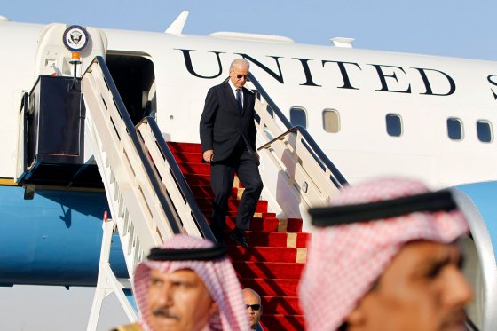 Joe Biden arrives to offer his condolences on the death of the late Saudi Crown Prince Sultan bin Abdul-Aziz Al Saud at Riyadh airbase in 2011.