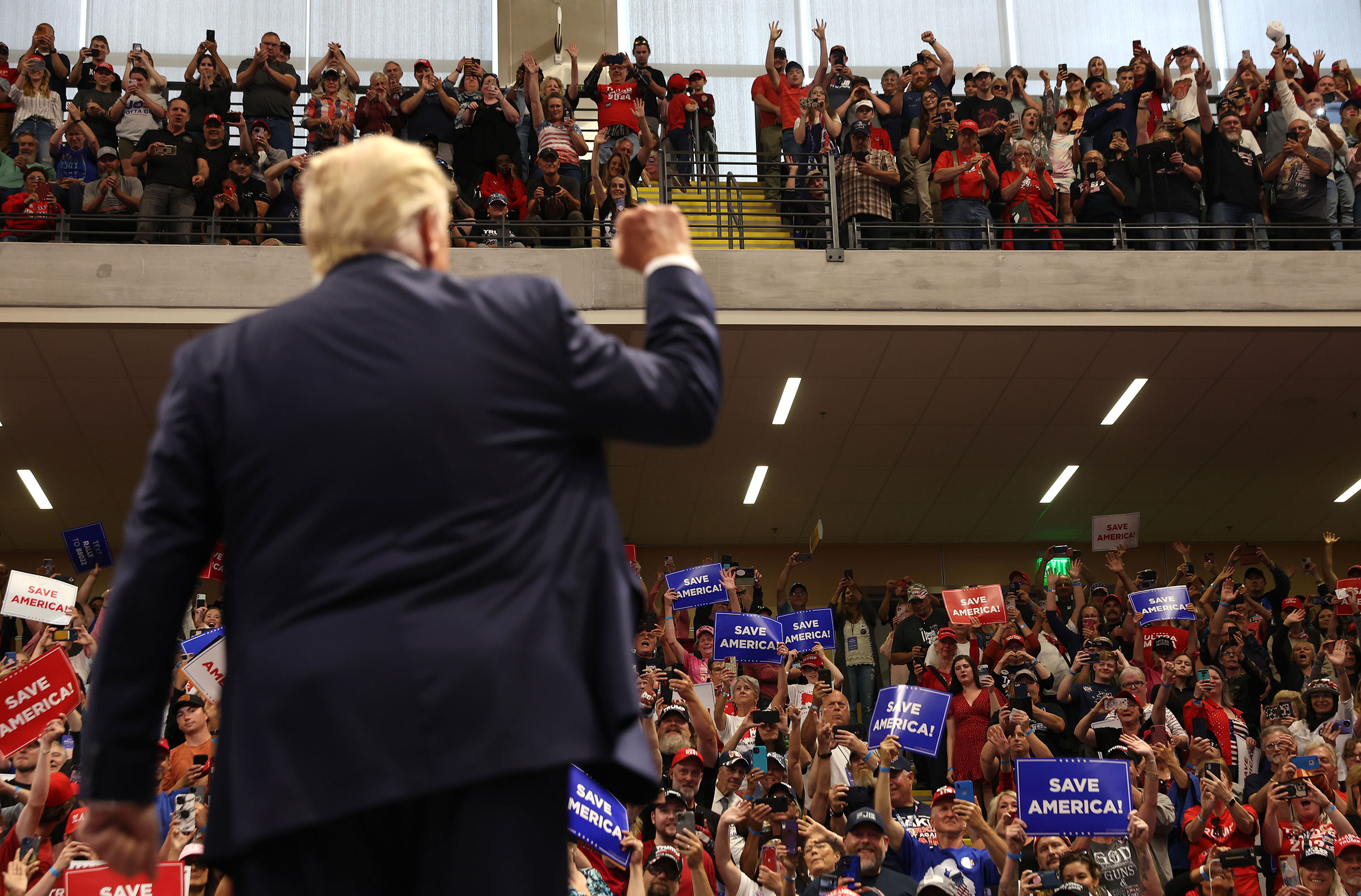 President Donald Trump greets supporters during a "Save America" rally at Alaska Airlines Center in Anchorage on July 9, 2022. (Justin Sullivan—Getty Images)