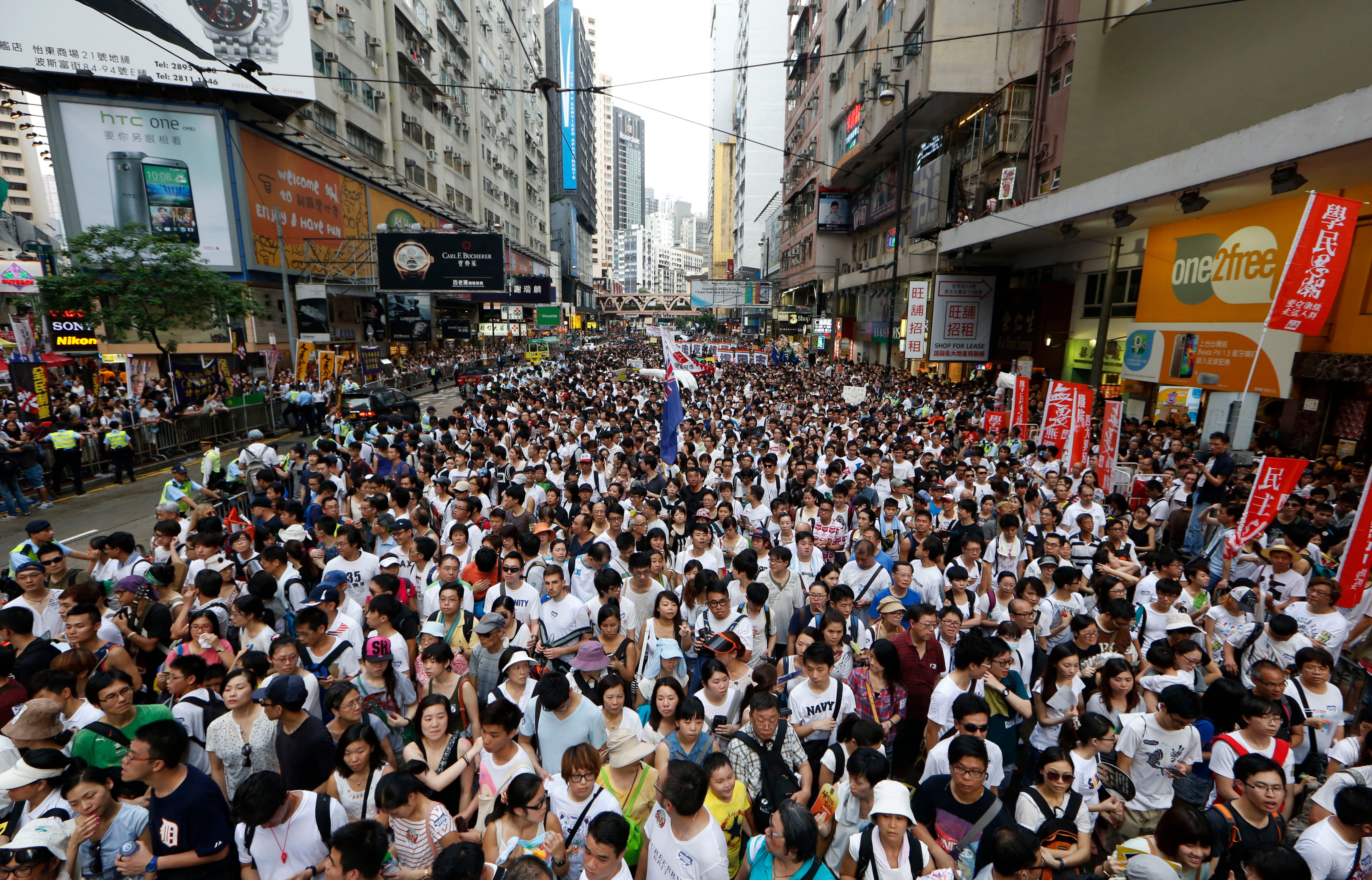An annual protest march in downtown Hong Kong on July 1, 2014 in demand for democracy. (Kin Cheung/AP)