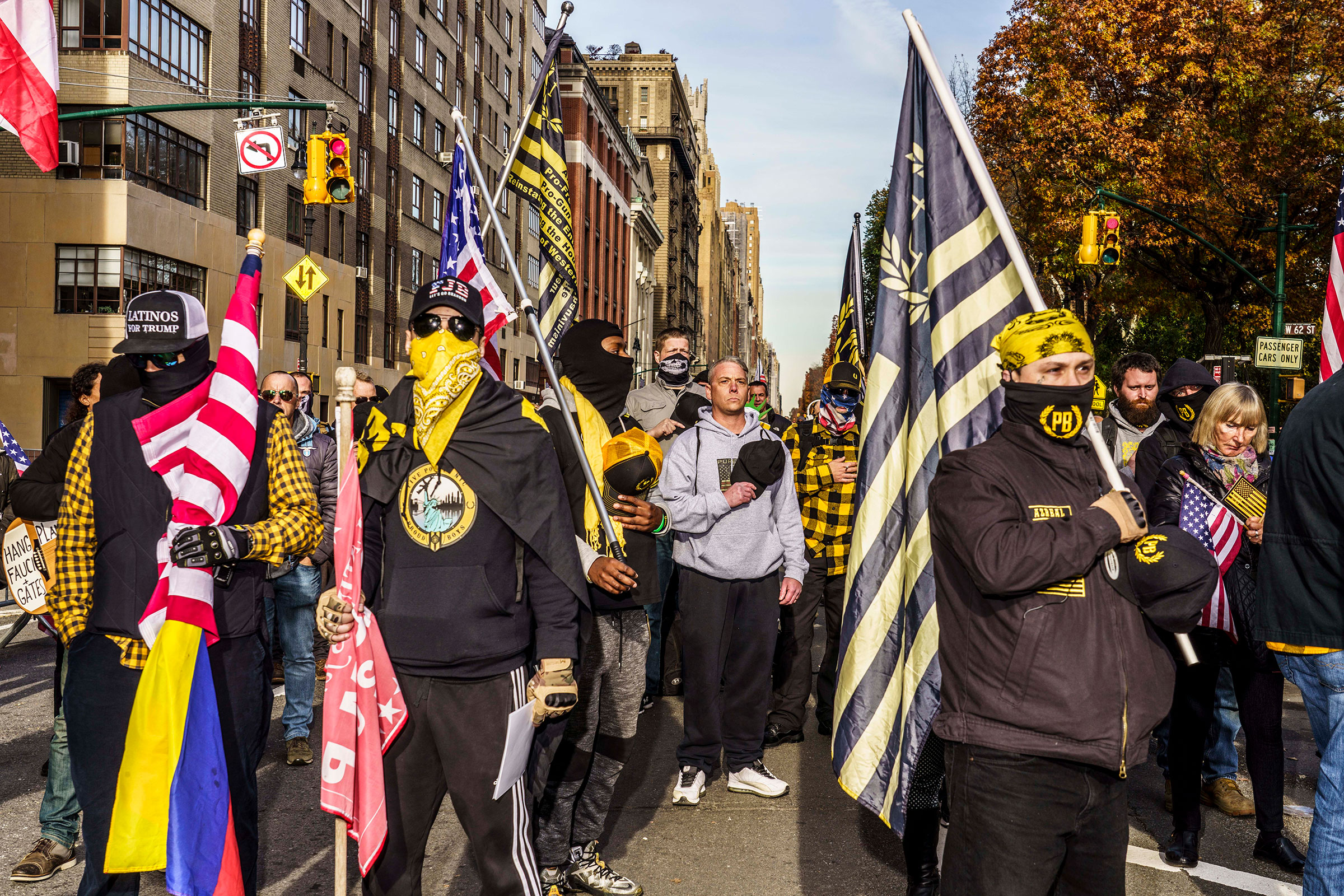 Protestors, including members of the Proud Boys, rally against COVID-19 vaccinations and mandates in New York City, on Nov. 20, 2021. (Mark Peterson—Redux)