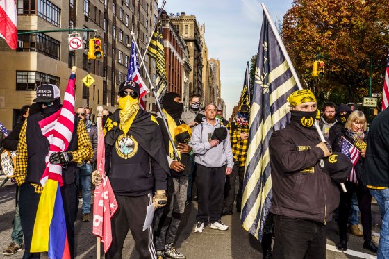 Protestors, including members of the Proud Boys, rally against COVID-19 vaccinations and mandates in New York City, on Nov. 20, 2021.