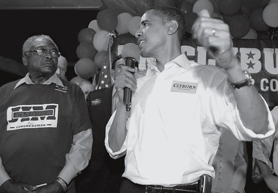 Democratic presidential hopeful Sen. Barack Obama speaks on stage next to Clyburn at the Fish Fry for the South Carolina Democratic Party in Columbia, South Carolina on April 27, 2007.